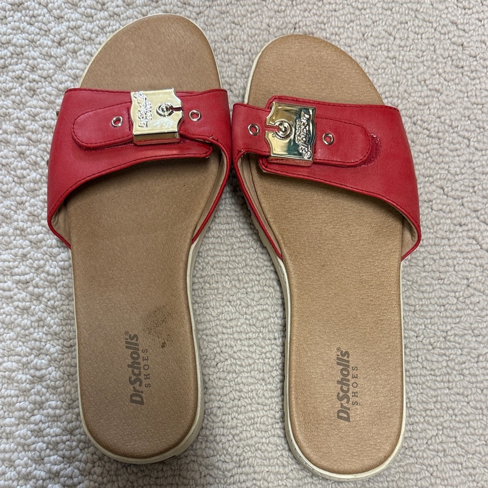 Dr. Scholl's Red Slide Sandals with Gold Buckle